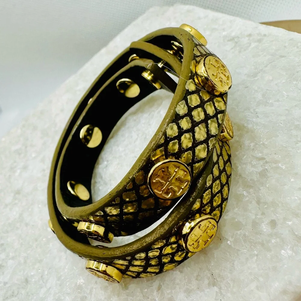 EUC Tory Burch Miller Stud Double Wrap Metallic Gold Exotic Snakeskin Bracelet